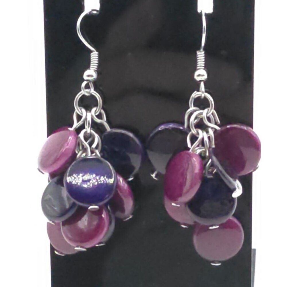 Purple & Plum Cluster Drop Earrings With Shimmering Resin Discs & Silver-Tone Ho